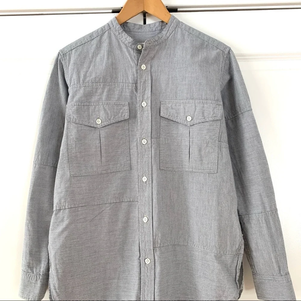 Billy Reid Sz XS Button Down Shirt Band Collar Patchwork Stripe Cotton Menswear - Picture 2 of 9